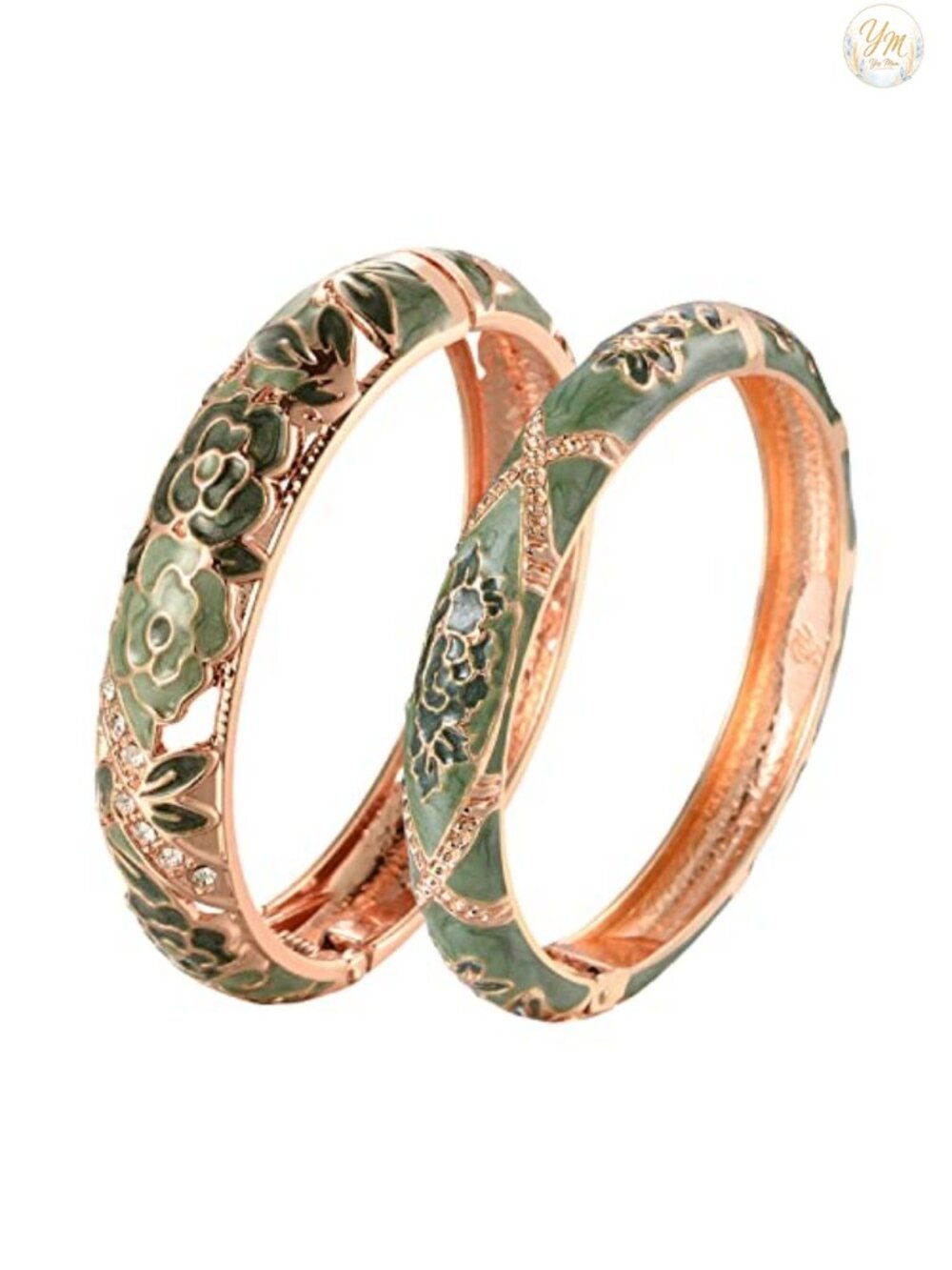 Cloisonne Enamel Rhinestone Rose Hinged Cuff Bracelet Set of 2 Alloy